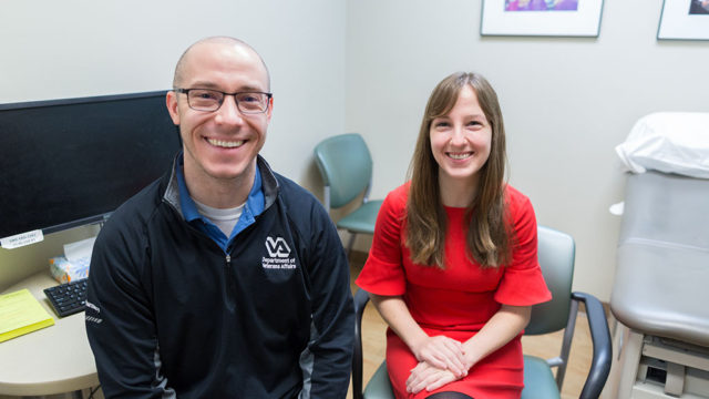 Andy Cannon and Katie Kuecker in an examination room