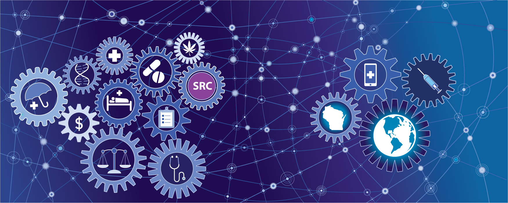 Gears with SRC themes: global medicine, law, DNA, insurance, medication, telemedicine, Wisconsin, and medicine